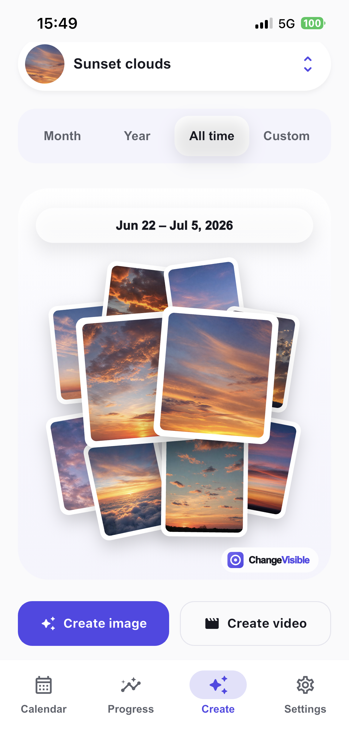 Sunset clouds Create screen with image and video export