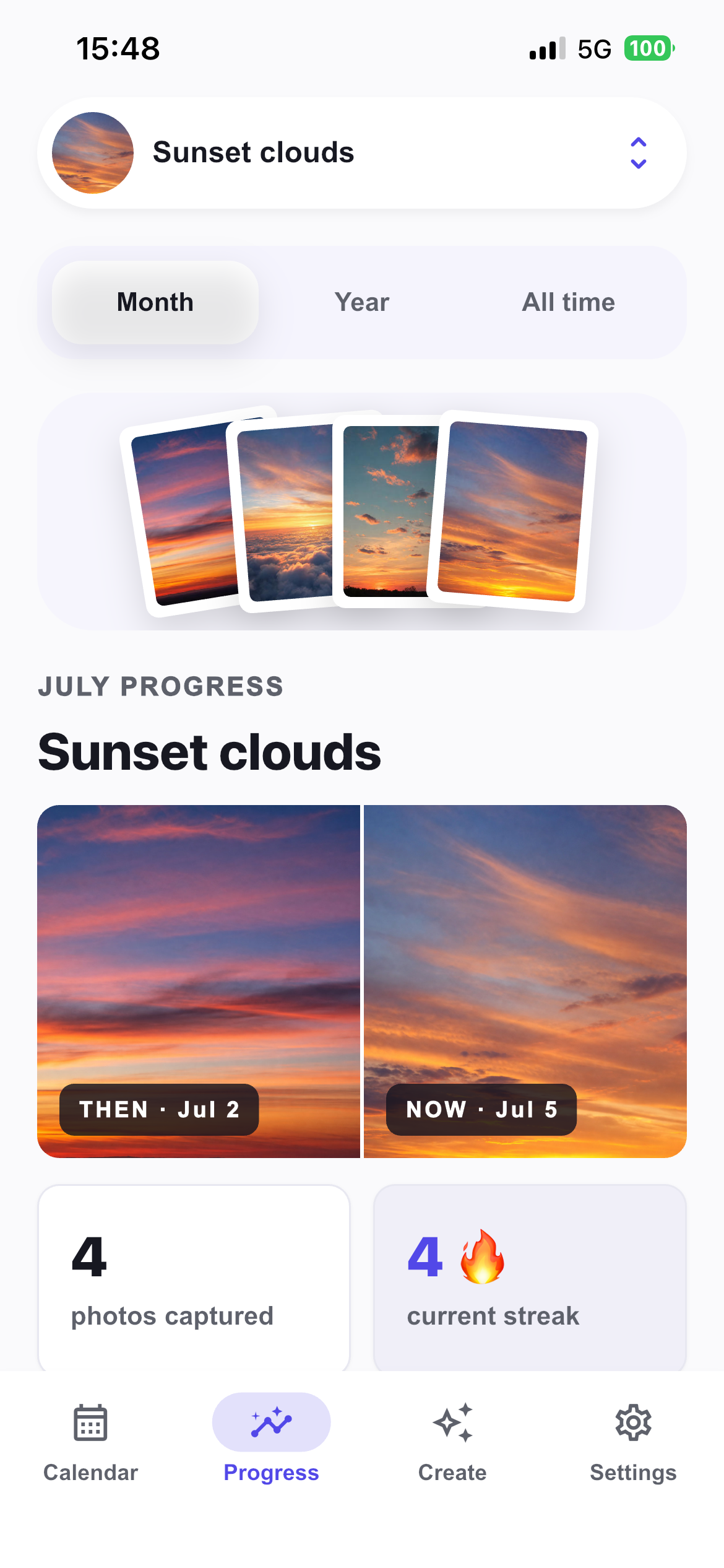 Sunset clouds progress screen with then and now